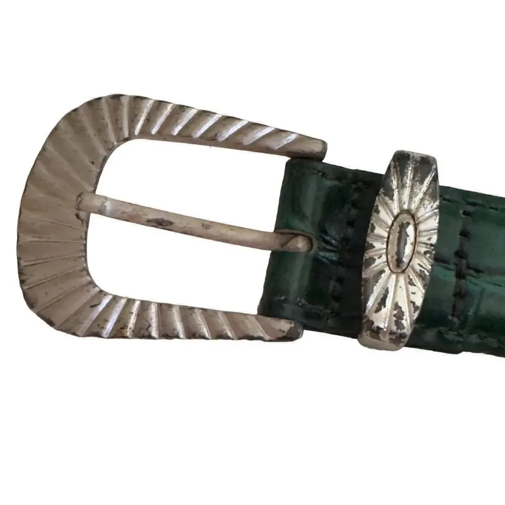 Vintage Green Alligator Grain Steerhide Western Belt Silver Buckle Spain Small